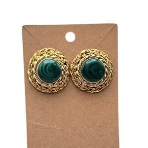Green Cabochon Gold Clip-On Earrings – Woven Classic Glam